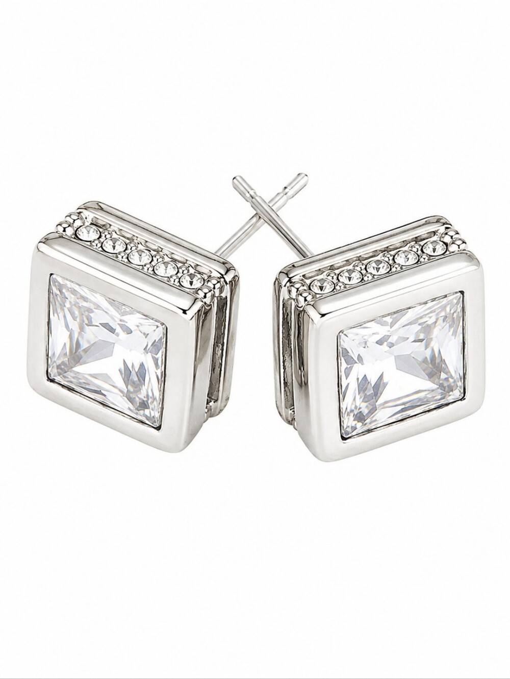 NWOT Swarovski Crystal Elements Silver Overlay Princess Cut Stud Earrings